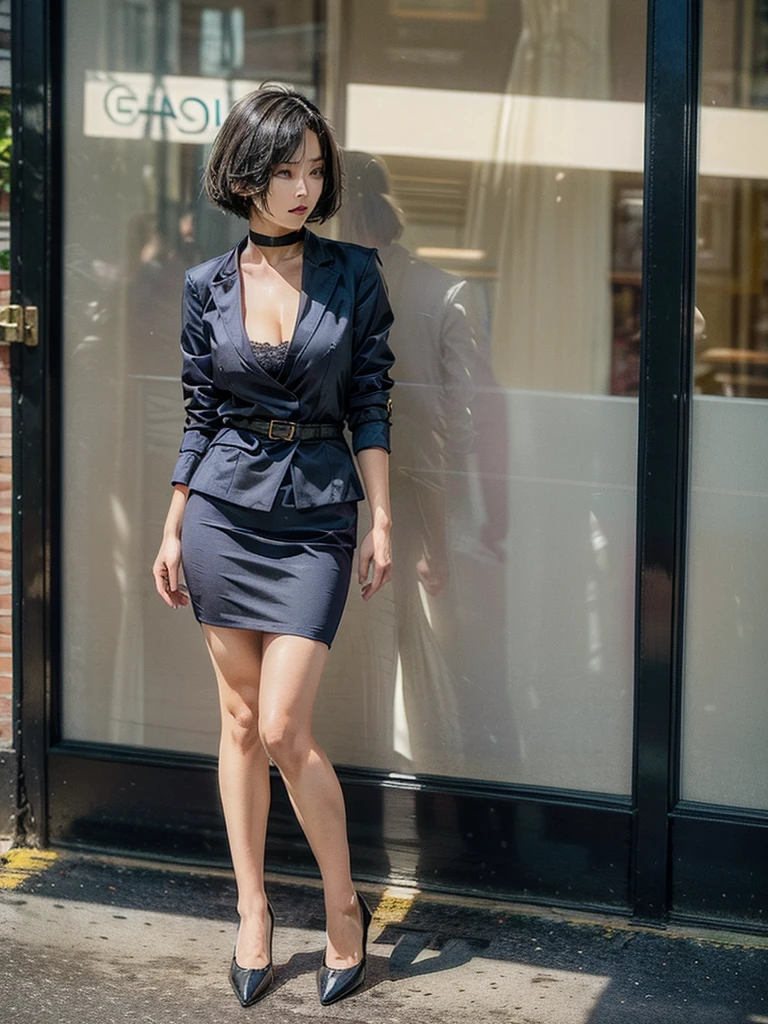 OL、Beautiful girl、Outstanding style、nice buddy、glamorous、Big Breasts、navy blue business suit、Skirt、Garter belt and black 30 denier stockings、High heels、office、standing、The whole body is visible, (mature woman), 45 years old, (black bob cut), very short hair