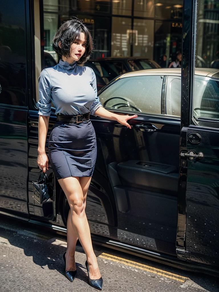 OL、Beautiful girl、Outstanding style、nice buddy、glamorous、Big Breasts、navy blue business suit、Skirt、Garter belt and black 30 denier stockings、High heels、office、standing、The whole body is visible, (mature woman), 45 years old, (black bob cut), very short hair