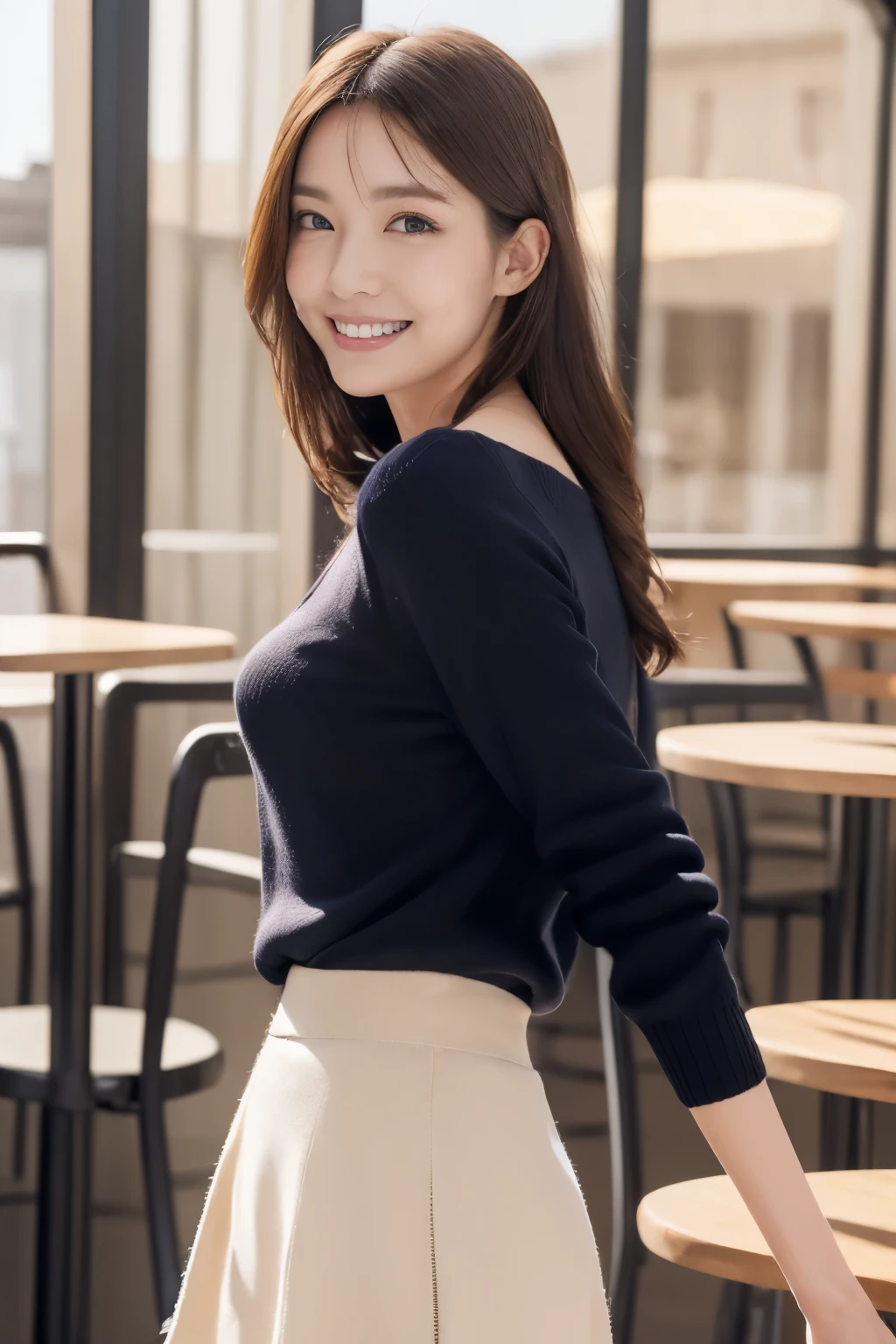 1woman, solo, close up, slender, (( sweater and long elegant shallw colored skirt)) ,((soft smiling)), (best quality,8k,highres,masterpiece:1.3), ultra-detailed, (realistic,photorealistic,photo-realistic:1.37), portrait, cinematic, warm lighting, medium format, golden hour, dramatic shadows, vibrant colors,(( at seaside area )), ((cute posing)),(( in Café))
,(smiling)