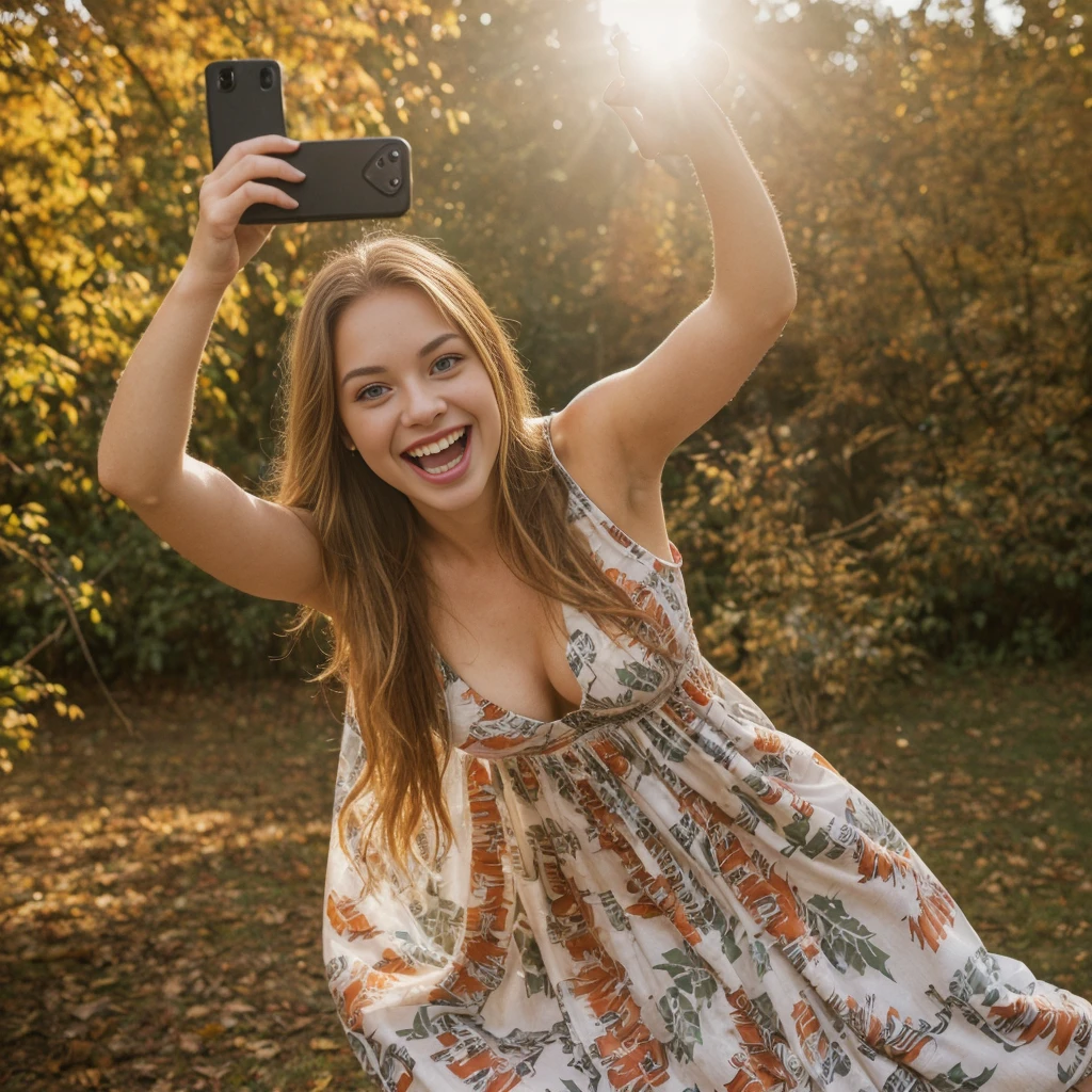 1girl, photorealistic, (((ugly face:1.5))), (((photorealistic))), (((raw photo in sequence))), (((natural lights))), (((detailed background))), (((26 to 35 years old))), (((upper body and upper legs))), (((detailed face))), photo_(wide), realistic, (((Caucasian woman))), (((long white blonde hair))), (((Caucasian nose))), (((Caucasian green eyes))), (((Caucasian face))), (((Caucasian lips))), ((( body))), (((wearing printed dress))), (((outdoor autumn photo))), slender, different poses, smiling, wide shot, upper body and upper legs shot, (((selfie shot)))