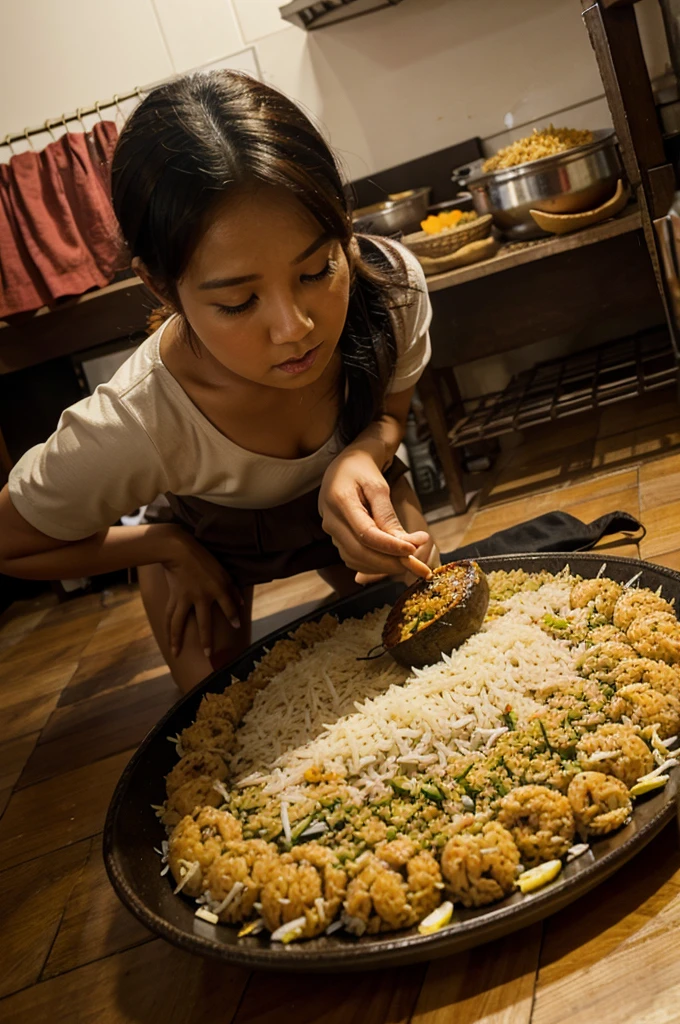 Gambarkan kucing sedang makan nasi goreng 