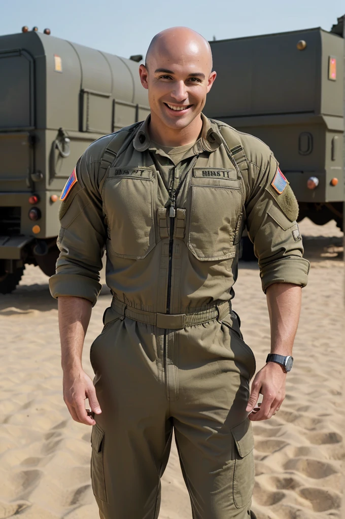 ((8k ((best quality)), ((masterpiece)), (very detailed), real face bald male muscular male full body wear soldiers suit  stand by military truck smiling