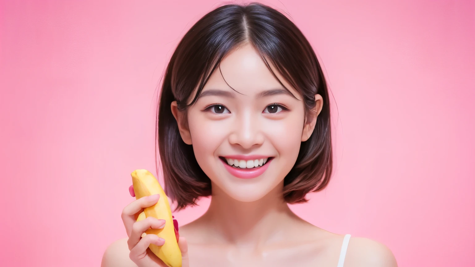 (Delicate face), (movie lighting), (Ray tracing), (Pink background), (textured skin), (4K), (best picture quality), (youthful vitality), (masterpiece), (detail), (whole body), lively girl holding a banana, posing and smiling at the screen