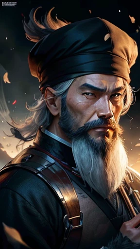 alone、Oriental、Ancient Chinese man in black costume、Holding a feather fan、Highest quality、masterpiece、Ultra-high resolution、(Realistic:1.4)、Game Poster、Crisp and beautiful image quality、(Bearded handsome man),Ancient Chinese hairstyle with a large plain white beret loosely covering the head like a turban、
