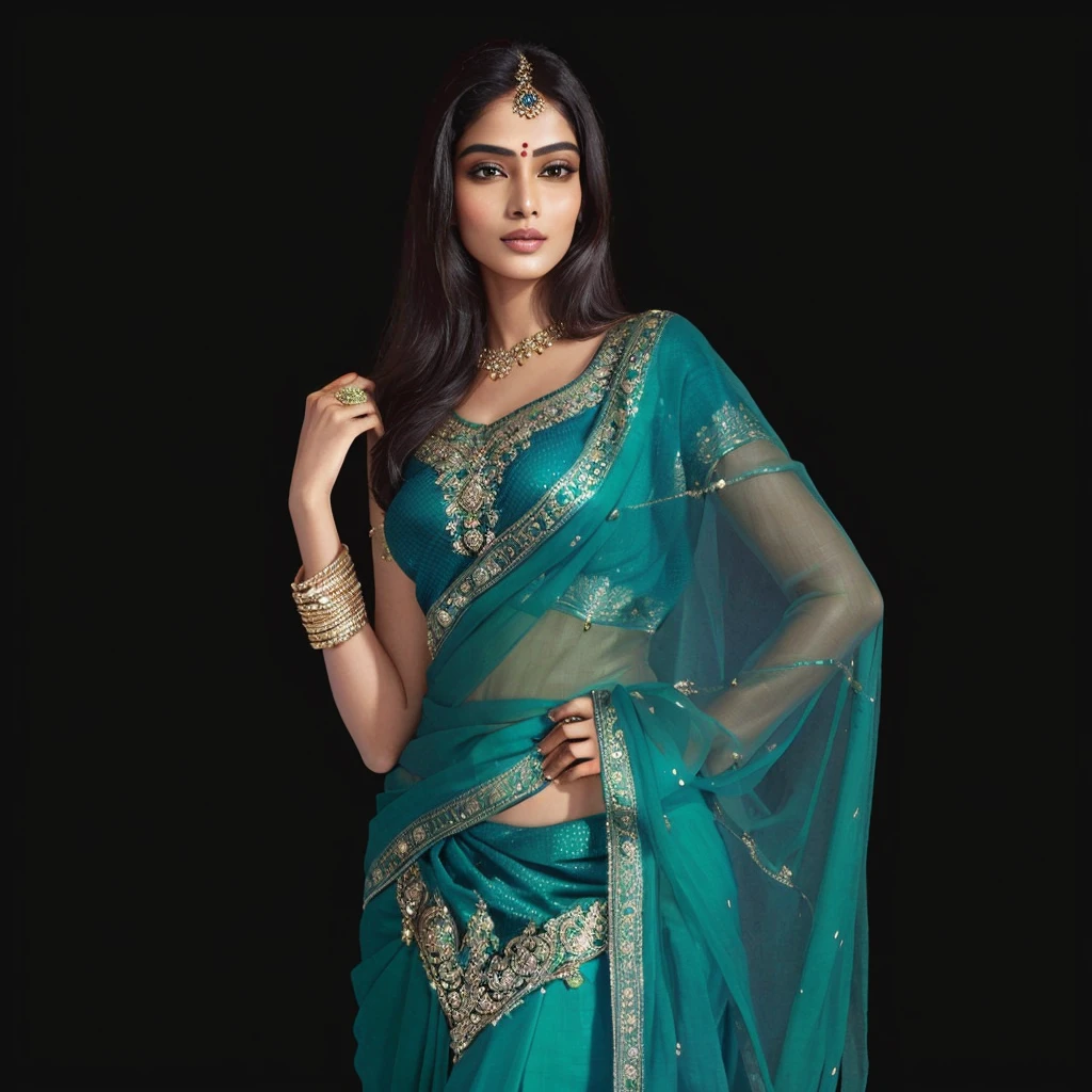 a woman in a green Sari posing for a picture, Sari, India super model, wearing a Sari, wearing Sari, India style, dressed in a Sari, Very beautiful Enga style, India empress, Wearing teal clothes, Elegant green, India goddess, Southeast Asian, Wearing beautiful clothes, India, Charming and seductive, of India princess