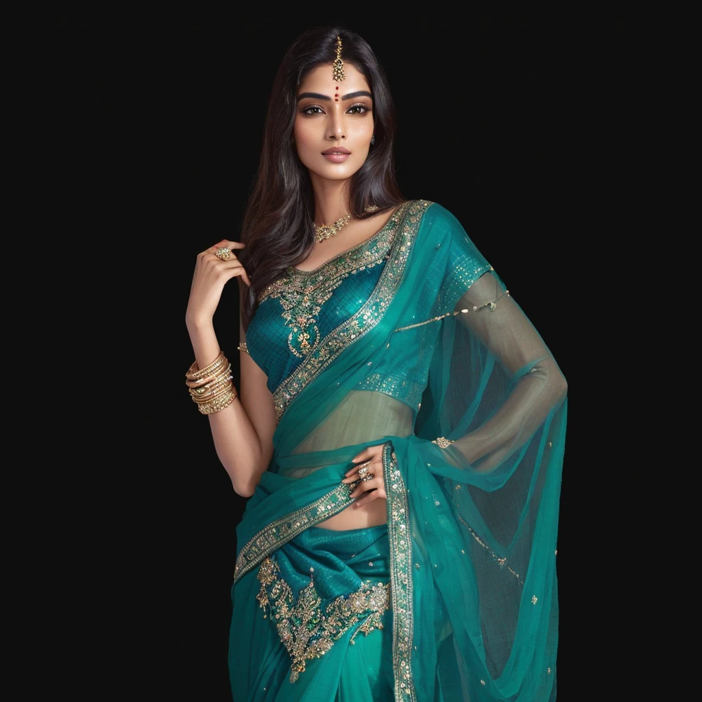 a woman in a green Sari posing for a picture, Sari, India super model, wearing a Sari, wearing Sari, India style, dressed in a Sari, Very beautiful Enga style, India empress, Wearing teal clothes, Elegant green, India goddess, Southeast Asian, Wearing beautiful clothes, India, Charming and seductive, of India princess