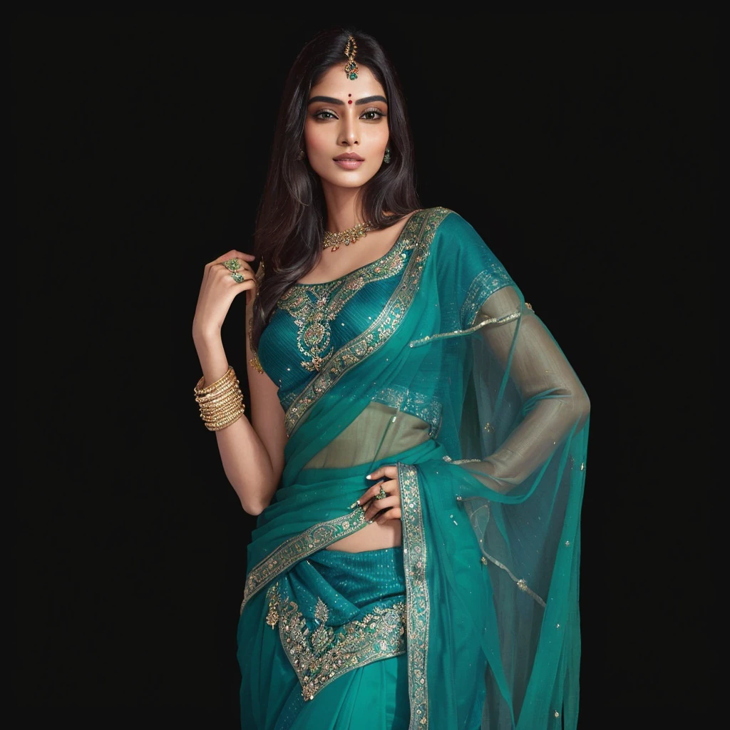 a woman in a green Sari posing for a picture, Sari, India super model, wearing a Sari, wearing Sari, India style, dressed in a Sari, Very beautiful Enga style, India empress, Wearing teal clothes, Elegant green, India goddess, Southeast Asian, Wearing beautiful clothes, India, Charming and seductive, of India princess