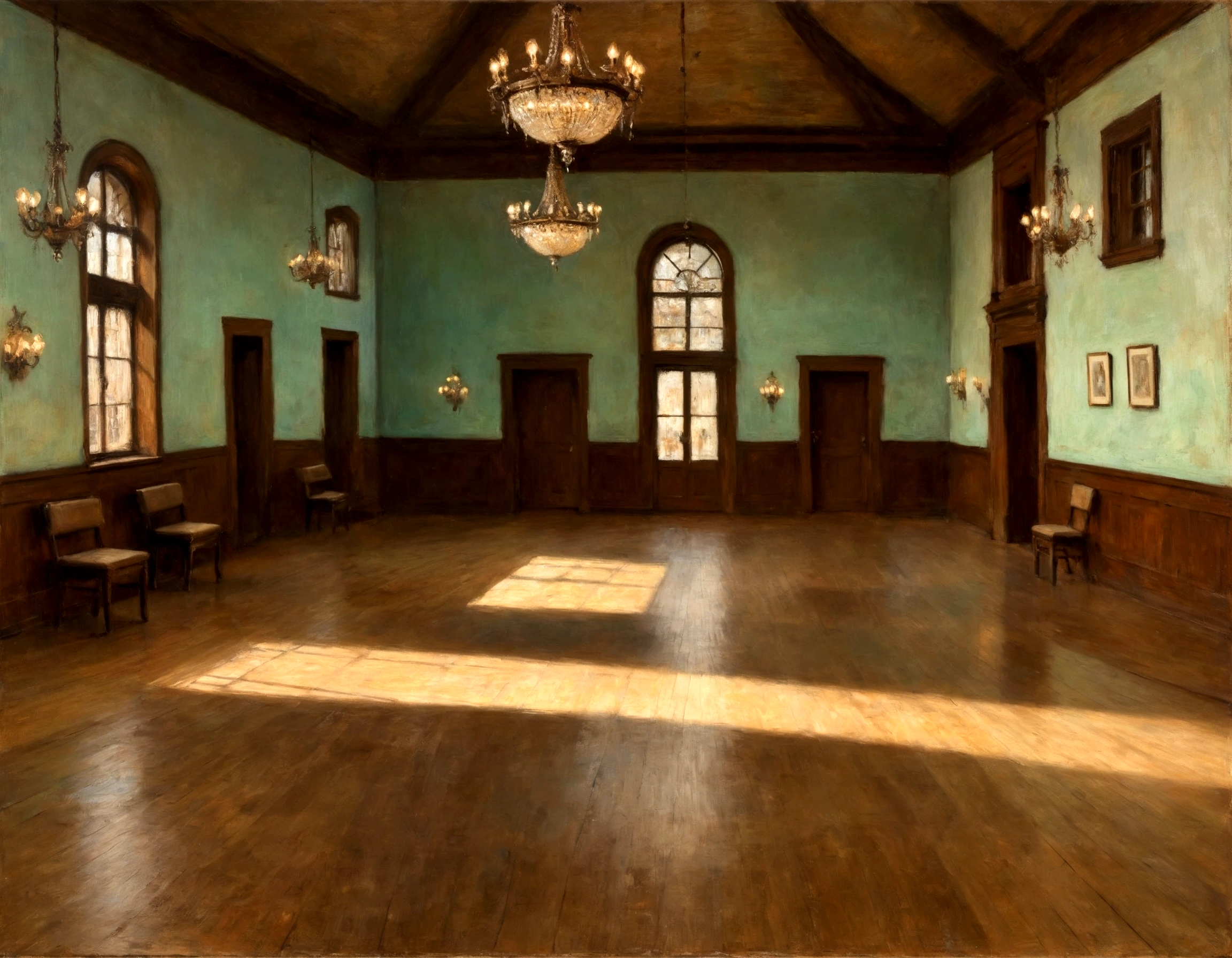 empty dance hall, with bars, wooden floor, chandeliers, by edgar degas painting