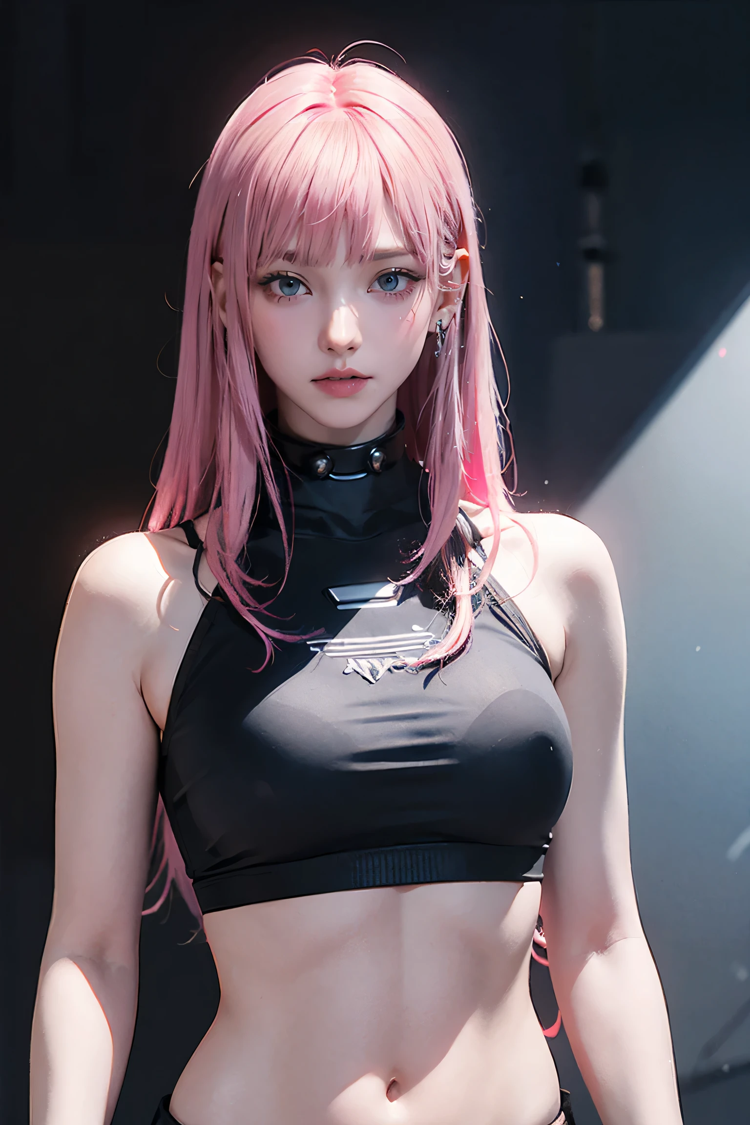 Highest quality, Ultra-high resolution, Realistic, NSFW, Cyberpunk one girl sexy pink hair、Taking photos in a studio environment with a gray background, View your viewers, Upper Body, thin, Visible cracks, Crop top,
