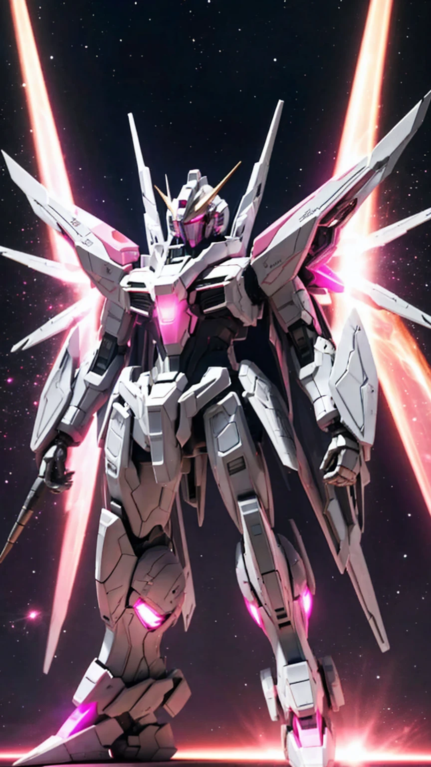 universe space、Pink light effect、Strike Freedom、Facing forward、universe spaceに浮いている、It emits pink particles around the aircraft.