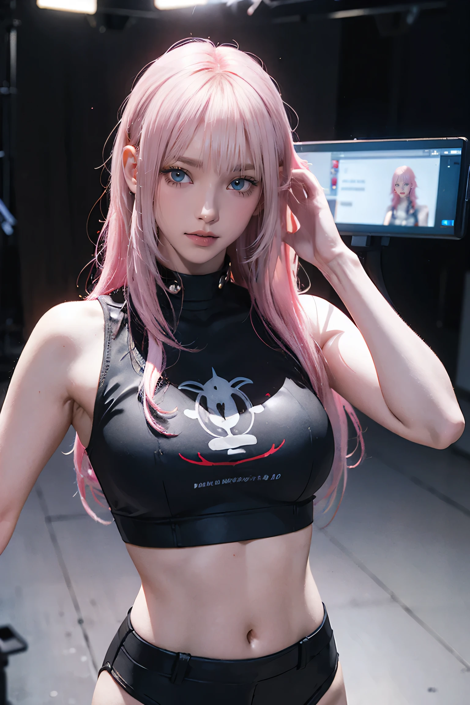 Highest quality, Ultra-high resolution, Realistic, NSFW, Cyberpunk one girl sexy pink hair、Taking photos in a studio environment with a gray background, View your viewers, Upper Body, thin, Visible cracks, Crop top,