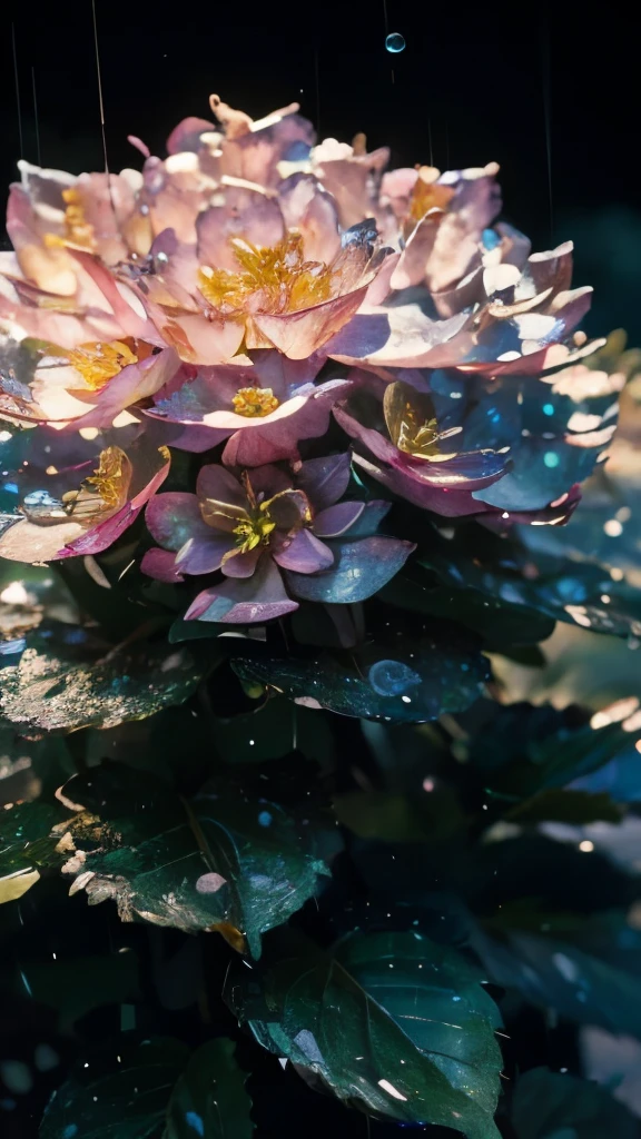 Crystal Blossom Flower,hydrangea,rain,Droplet Fantasy, Milky Way, , Sparkling, Sparkling, wonderful, colorful, Magical Pictures, Dramatic lighting, Photographic realism, Super detailed, 4K, Depth of written boundary, High resolution,Flower type: Hydrangea