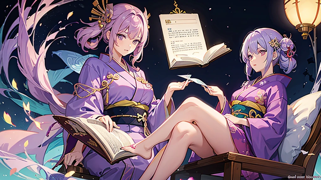 woman clear Light purple hair kimono Anime Style reading literature Study