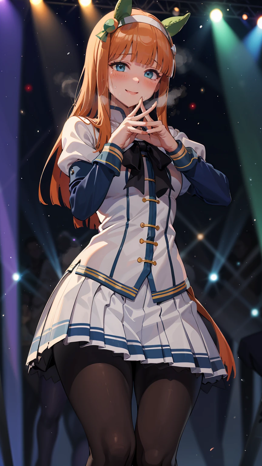 A big smile、shout、intense dance、dance、楽しくdance、Best image quality、High resolution、masterpiece、super high quality、Live Performance Venues、Large crowd、Many penlights、Sweaty、Very short pleated skirt、Heavy breathing、Blushing、4K quality、Black Pantyhose、Voluptuous thighs