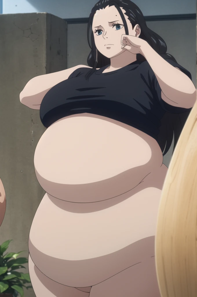 nicorob, slicked back hair, large breasts, mature, obese, massive belly, very huge belly, very obese, morbidly obese, naked