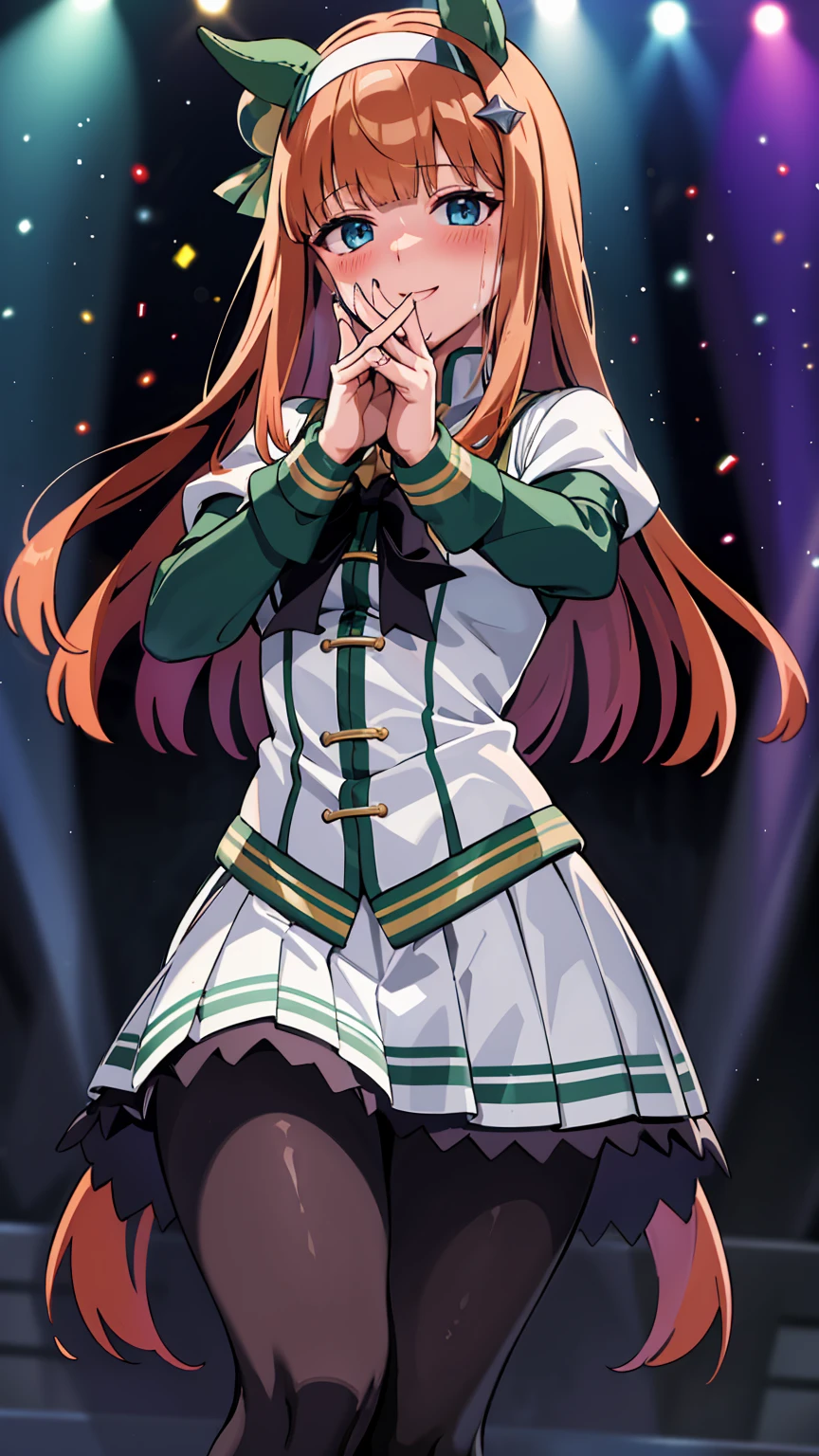 A big smile、shout、intense dance、dance、Best image quality、High resolution、masterpiece、super high quality、Live Performance Venues、Large crowd、Many penlights、Sweaty、Very short pleated skirt、Heavy breathing、Blushing、4K quality、Black Pantyhose、Voluptuous thighs