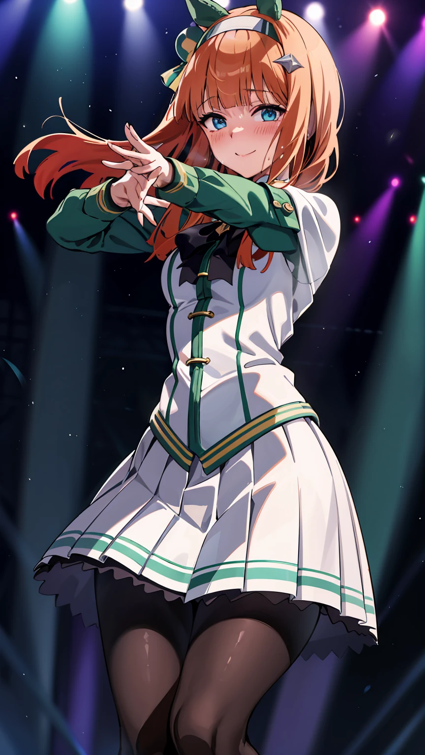 A big smile、shout、intense dance、dance、Best image quality、High resolution、masterpiece、super high quality、Live Performance Venues、Large crowd、Many penlights、Sweaty、Very short pleated skirt、Heavy breathing、Blushing、4K quality、Black Pantyhose、Voluptuous thighs