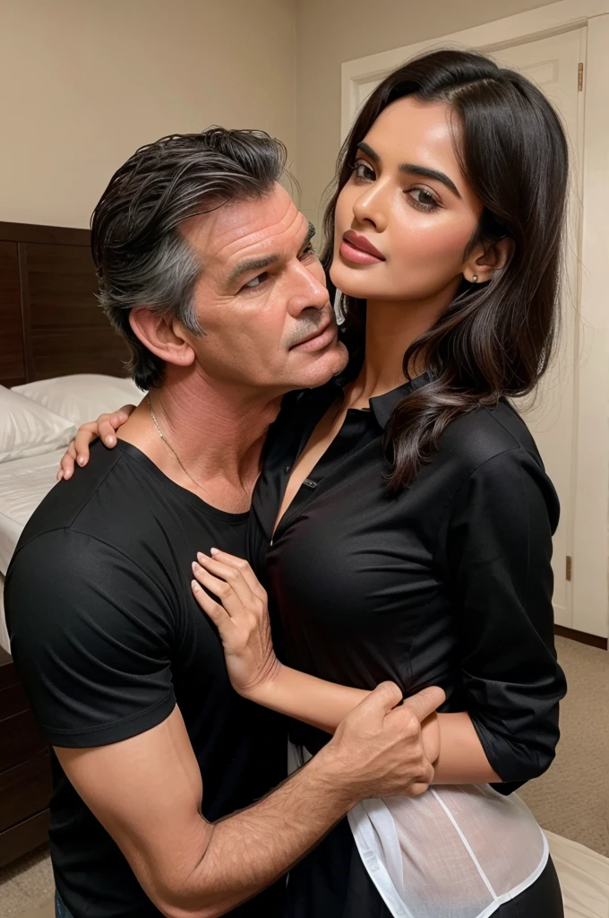 Manushi Chillar wearing a black shirt drenched passionately kissing Pierce Brosnan in bedroom 