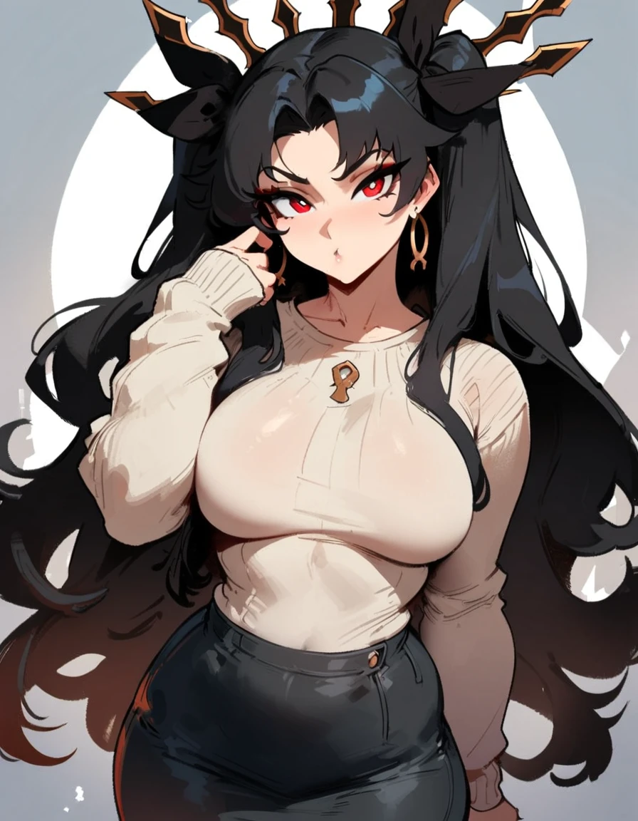 1girl, ishtar \(fate\), fate \(series\) \\\\\ masterpiece, best quality, very aesthetic, absurdres, newest \\\\\\ slim body,///// ,by nyantcha,cutesexyrobutts , by khyle,,////// beautiful face, sexy, red eyes, , white background, sweater,skirt