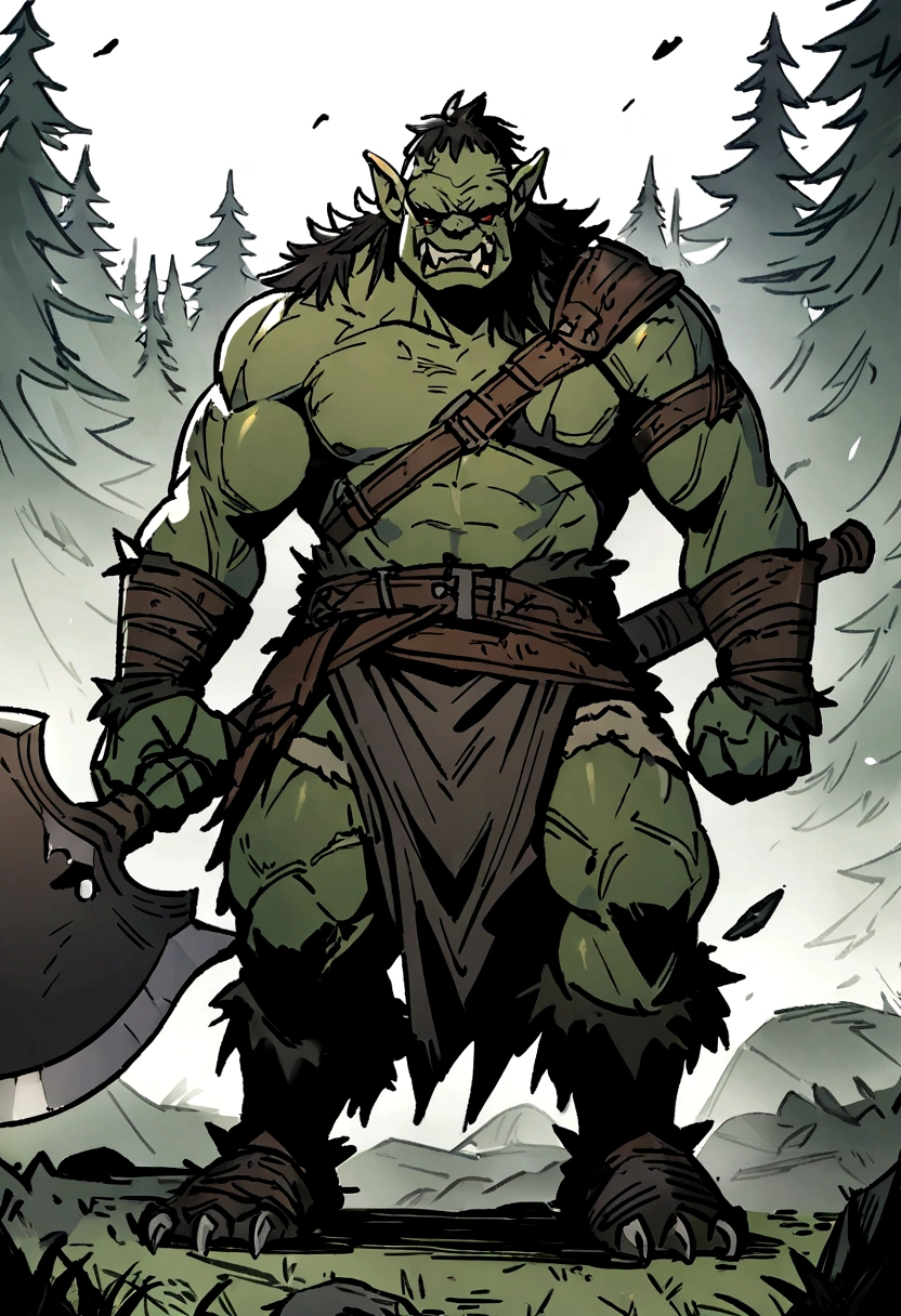 An orc warrior, ferocious, Exposed Fangs, broken armor, With a giant axe in hand, black forest field background, 2D drawing, High definition, 4K