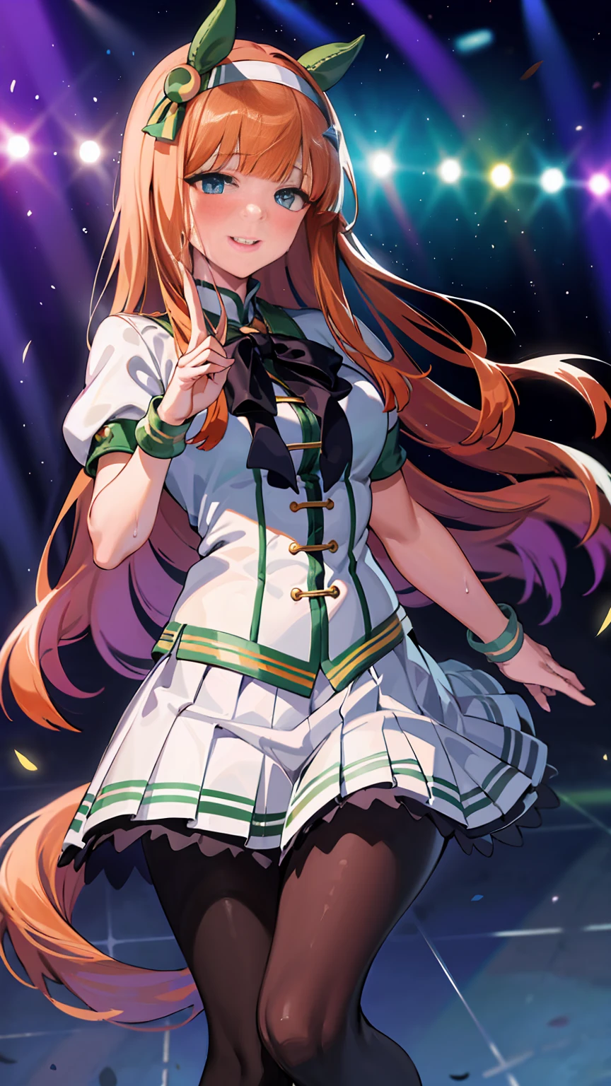 A big smile、shout、intense dance、dance、Best image quality、High resolution、masterpiece、super high quality、Live Performance Venues、Large crowd、Many penlights、Sweaty、Very short pleated skirt、Heavy breathing、Blushing、4K quality、Black Pantyhose、Voluptuous thighs