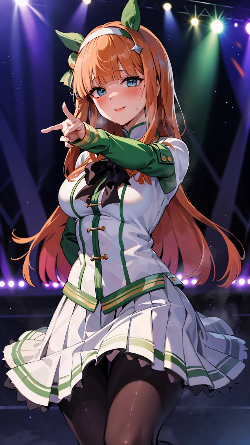 A big smile、shout、intense dance、dance、Best image quality、High resolution、masterpiece、super high quality、Live Performance Venues、Large crowd、Many penlights、Sweaty、Very short pleated skirt、Heavy breathing、Blushing、4K quality、Black Pantyhose、Voluptuous thighs