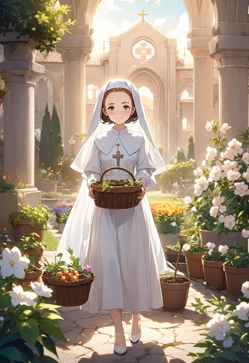Very detailed,(((((ultra detailed face))))),best quality, 8K, (soft Light), Light, ((soft focus)),((Nuns)), facing the camera,Long brown hair ,almond eye, fluffy hair,((forehead)),((monastery)),((gardening,garden)),((Cultivation)),Flower basket,((full body)),elegant, Comfortable, Clean and detailed anime art, Trending on artstart,((milky pastel theme)), illuminate warmly, big smile,((happiness)),make up,thank you!