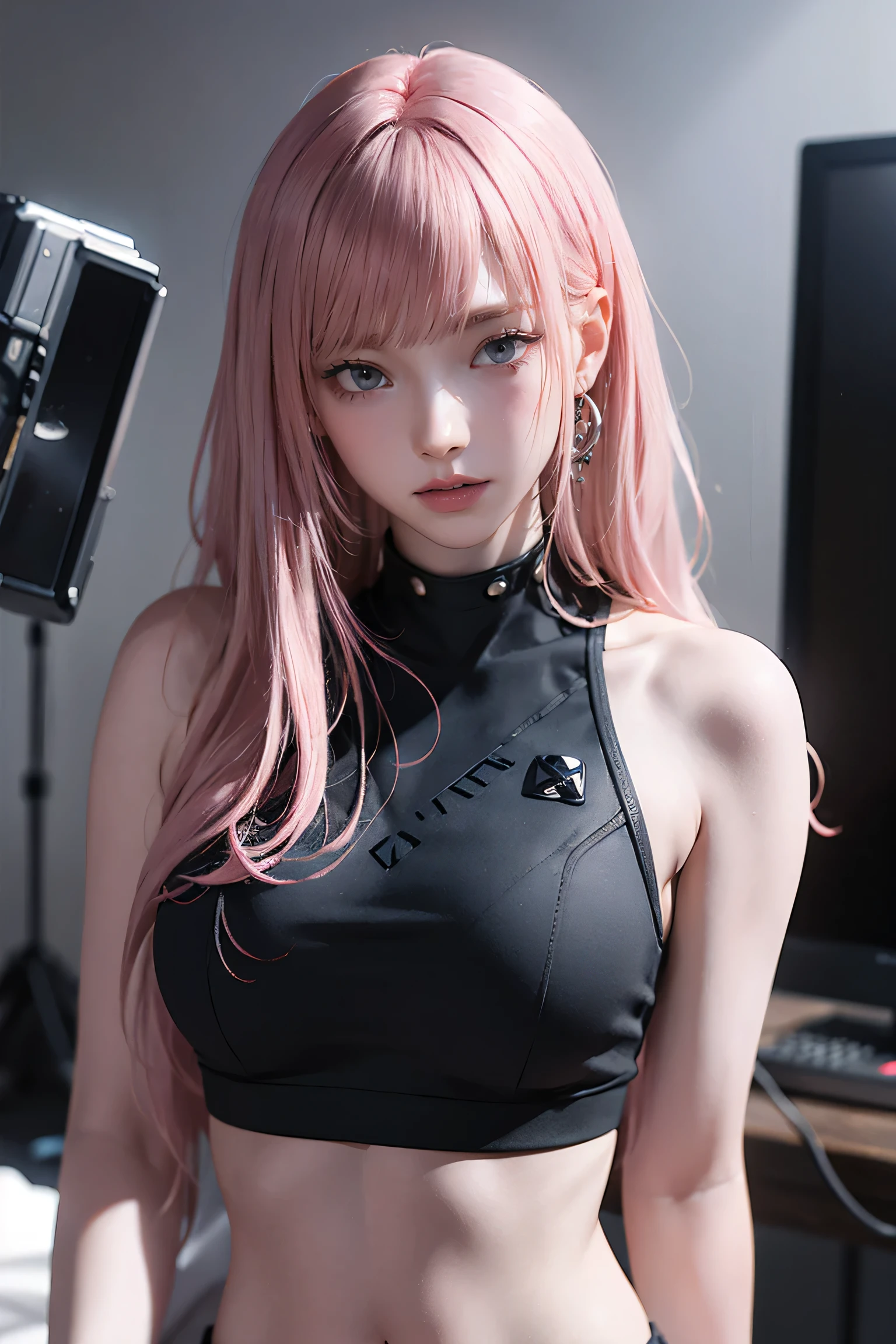 Highest quality, Ultra-high resolution, Realistic, NSFW, Cyberpunk one girl sexy pink hair、Taking photos in a studio environment with a gray background, View your viewers, Upper Body, thin, Visible cracks, Crop top,