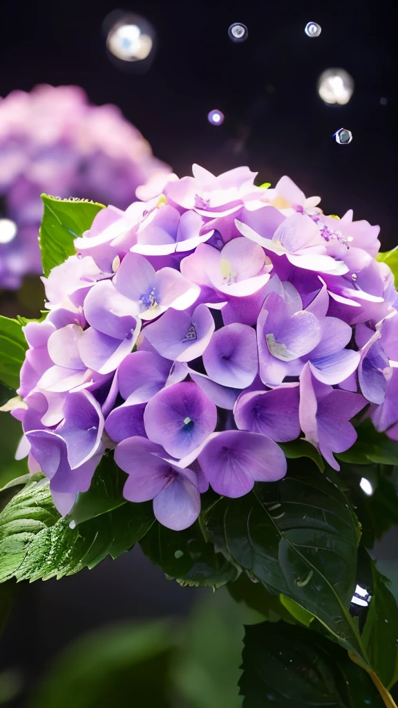 hydrangea,crystal flower,Crystal Blossom Flower,Realistic Hydrangea,rain,Droplet Fantasy, Milky Way, transparent, Sparkling, Sparkling, wonderful, colorful, Magical Pictures, Dramatic lighting, Photographic realism, Super detailed, 4K, Depth of written boundary, High resolution