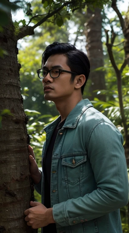 a handsome Indonesian man wearing glasses, wearing a jeans jacket and jeans, standing leaning against a tree in a dark forest, horror theme, clean face, Prores lens, Low angle shot, dark green color gradation, cinemascope, natural light, Dynamic shadows, horror film , high quality, very detailed , 8k, Panavision DXL2 camera