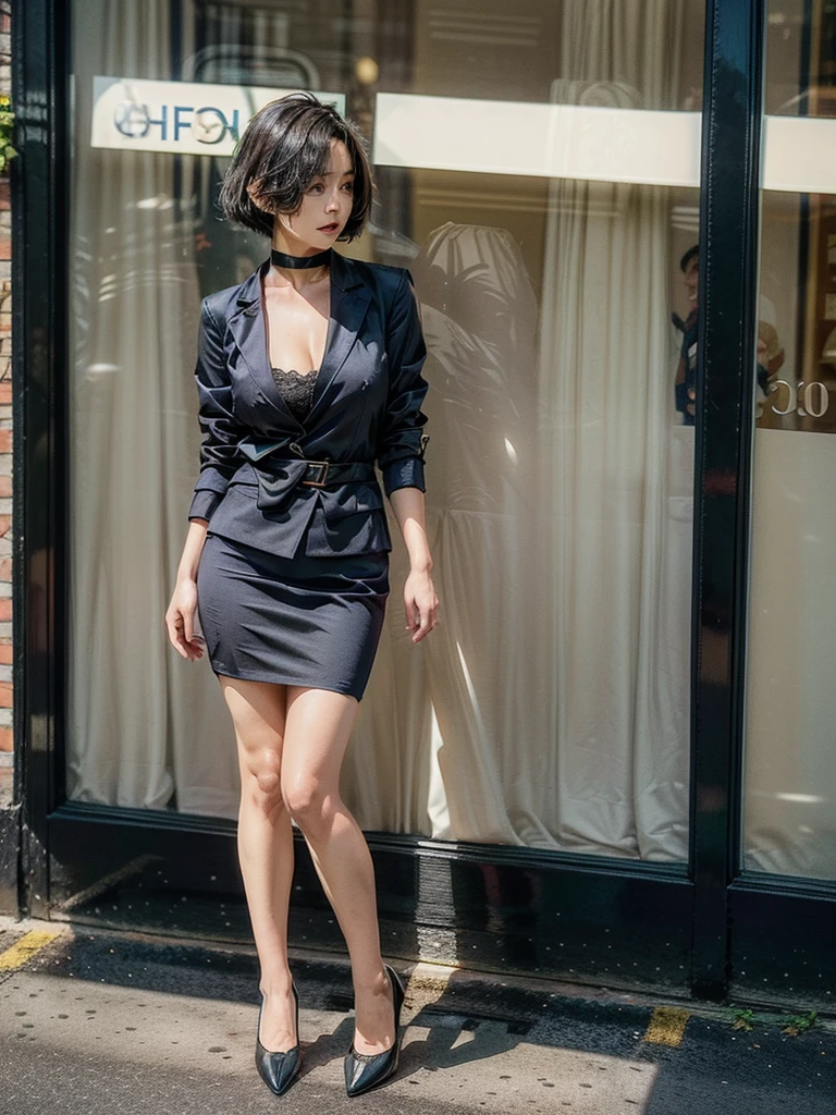 OL、Beautiful girl、Outstanding style、nice buddy、glamorous、Big Breasts、navy blue business suit、Skirt、Garter belt and black 30 denier stockings、High heels、office、standing、The whole body is visible, (mature woman), 45 years old, (black bob cut), very short hair