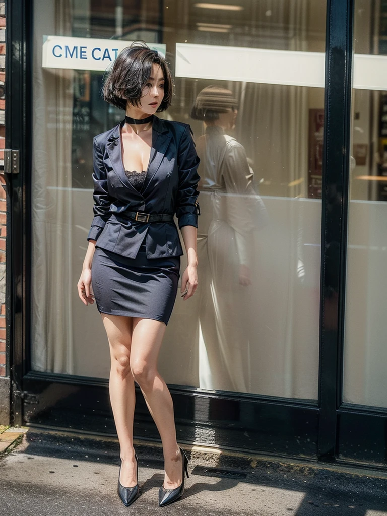 OL、Beautiful girl、Outstanding style、nice buddy、glamorous、Big Breasts、navy blue business suit、Skirt、Garter belt and black 30 denier stockings、High heels、office、standing、The whole body is visible, (mature woman), 45 years old, (black bob cut), very short hair