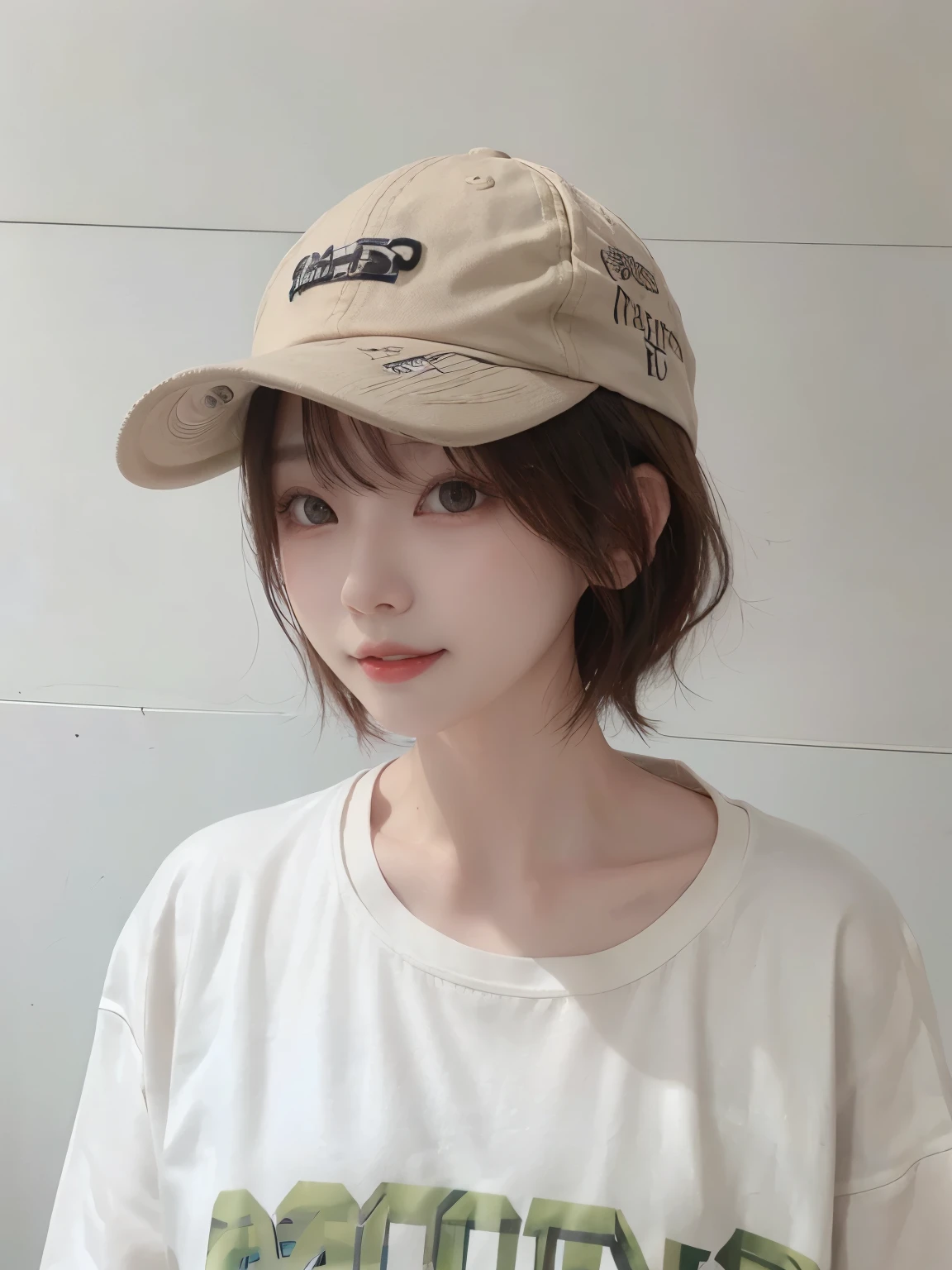 Best image quality、original photo、ultra high resolution、21 years old Korean、small breasts、dynamic angle、Cowboy shooting、The most beautiful form of chaos、elegant、Innovative design、bright colors、,light brown short hair、disheveled hair、light brown eyes 、black baseball cap(Facial expressionSmile)、short bob、Smile、Fair and shiny skin、beautiful eyes,random colors、The details are very beautiful、thin lips、Delicate and beautiful eyes、elongated eyes、Pale pink cheeks、long eyelashes、beautiful double eyelids、eye shadow、he、White Large T-shirt Sweatshirt、baggy pants、Shot from the side、sexy pose、enlarge