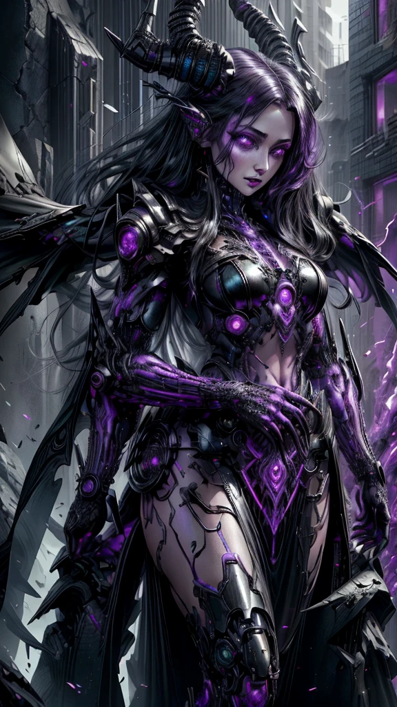 a dark fantasy cyberpunk android woman, 1 girl, highly detailed, hyper realistic, masterpiece, 8k, photorealistic, beautiful detailed eyes, beautiful detailed lips, extremely detailed face, long eyelashes, long white hair, shawl, black coat, glowing purple eyes, expressionless, mecha long skirt, holding a weapon, beautiful necromancer, dark cloaked necromancer, beautiful death, dark witch character, (black purple:1.1), studio lighting, professional, vivid colors, physically-based rendering, extreme detail description