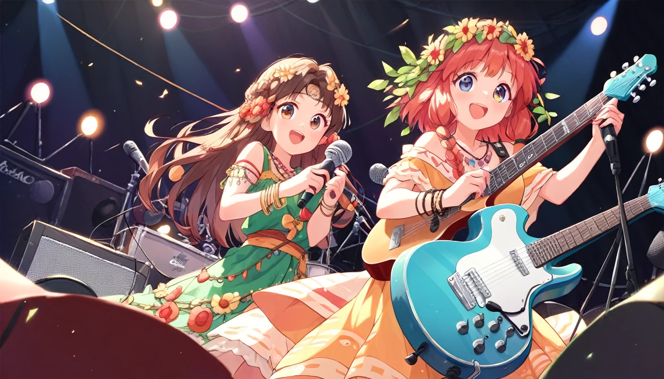 ((multiple girls:1.3)), ((moe style:1.3)), ((hippie:1.3)), ((guitar:1.3)), ((microphone:1.3)), ((music stage:1.3)), ((centerfold:1.3)), ((extremely feminine:1.3)), perfect hands, ((perfect face)), ((extremely cute:1.3)), ((masterpiece)), ((8k)), ((best quality)), ((beautiful)), ((extremely detailed:1.3)) , ((absurdres)), AddXL, ((score_9:1.3)), ((score_8_up:1.3)), ((score_7_up:1.3)),
