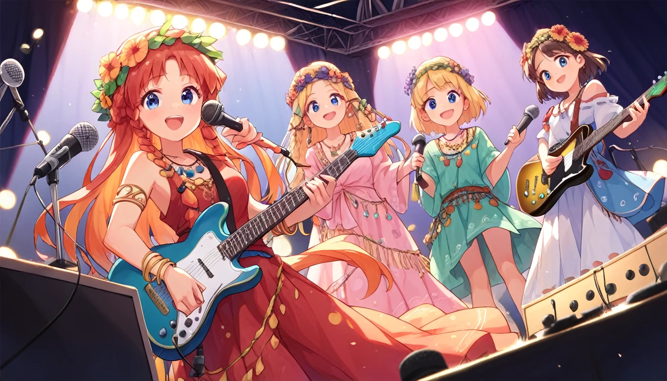 ((multiple girls:1.3)), ((moe style:1.3)), ((hippie:1.3)), ((guitar:1.3)), ((microphone:1.3)), ((music stage:1.3)), ((centerfold:1.3)), ((extremely feminine:1.3)), perfect hands, ((perfect face)), ((extremely cute:1.3)), ((masterpiece)), ((8k)), ((best quality)), ((beautiful)), ((extremely detailed:1.3)) , ((absurdres)), AddXL, ((score_9:1.3)), ((score_8_up:1.3)), ((score_7_up:1.3)),