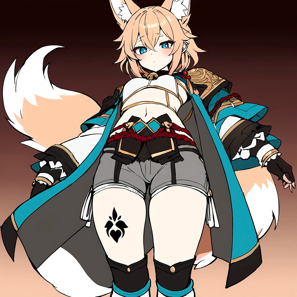Masterpiece, High quality, High quality of art, best quality, best details, anime lineart, 1boy, Femboy, fox ears, fox tail, light blue eyes, light carrot hair, Short Shorts, Red shadows under the eyes, a bell near the fox's ears, A red and white rope on his belt, a large bow on his back, Bare stomach, black heart tattoo on tummy, half sleep eyes
