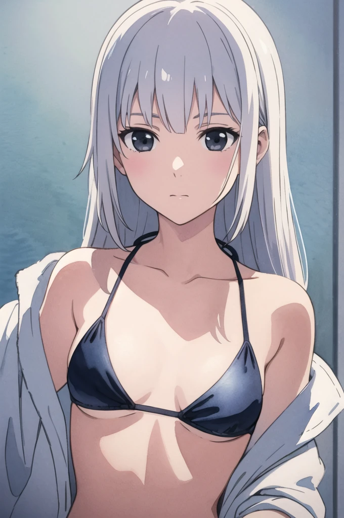 masterpiece, best quality, movie still, 1girl solo, female focus, looking at viewer, upper body, depth of field, (watercolor illustration, soft pastel colors:1.1), realistic, white hair, black eyes, Bikini, small breasts