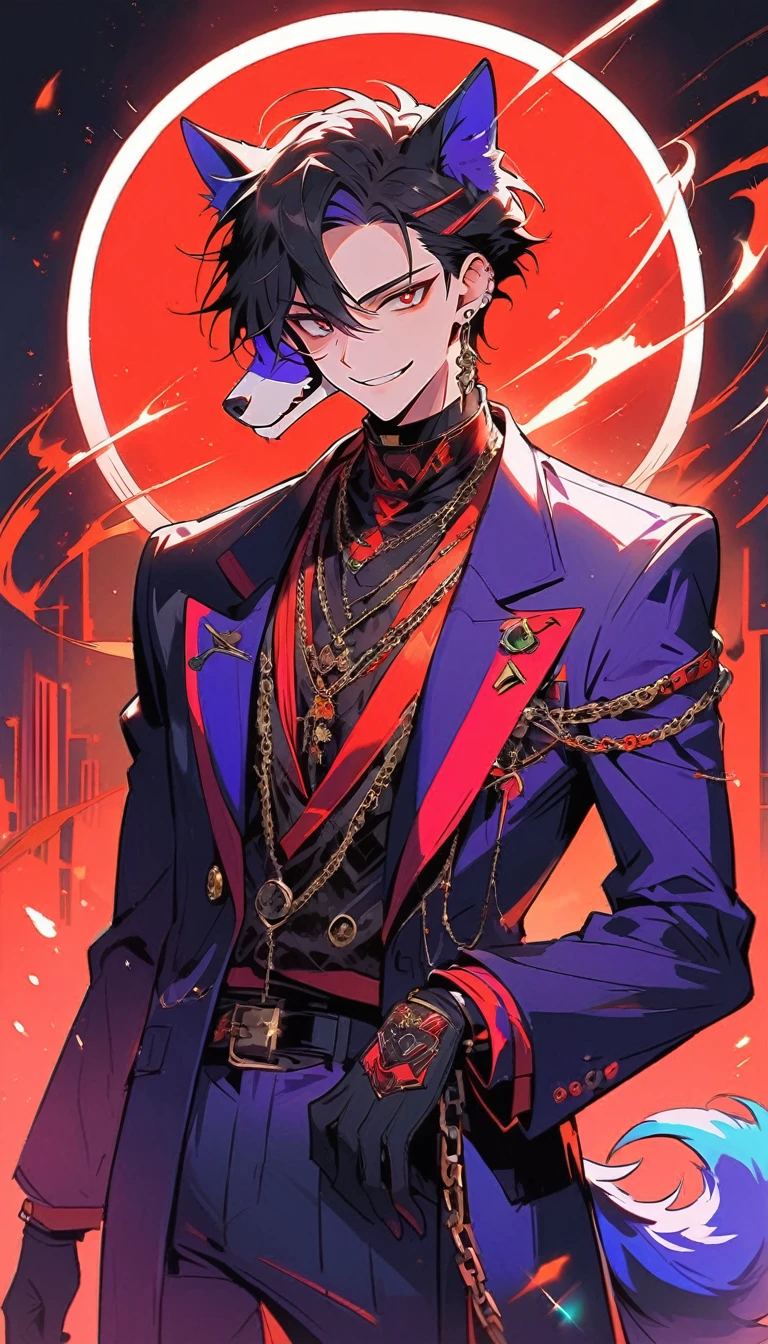 good looking, alone, 1 male, short hair, Smile Facial,1. Boy with black and purple hair, Moderate height, Slim body, Long coat, Black lining,good looking, short hair, Black Hair, Rainbow Hair, Purple eyes, 先端がスモーキーグレーのBlack Hair, smoking, Black light,smile、, Bright, sharp eyes illuminate the scene,uniform,accessories少なめ,whole body,Background white,Thin outline, Anime Style, Cool and edgy, A mysterious figure in a dark suit with robotic features, Having a chain, Wears a high-tech wolf mask with glowing red eyes, Standing against a bright red background, Dramatic lighting, cyber punk, dark, Sleek design, Futuristic, fashionable, Pause, colorful, have confidence, Performance, accessories, Coiled, The surrounding area, stylish, impressive, Modern, fashion