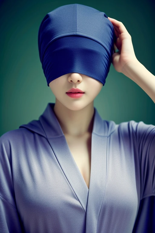 masterpiece, best quality, cinematic photo of masterpiece, best quality, cinematic photo of bald young korean kpop idol woman with shaved head, sleep cap covering head, ears, and eyes, sleep cap covering eyes as a blindfold, sleep cap hooded over eyes as a blindfold, showing cleavage, photograph, film, highres, photograph, film, highres