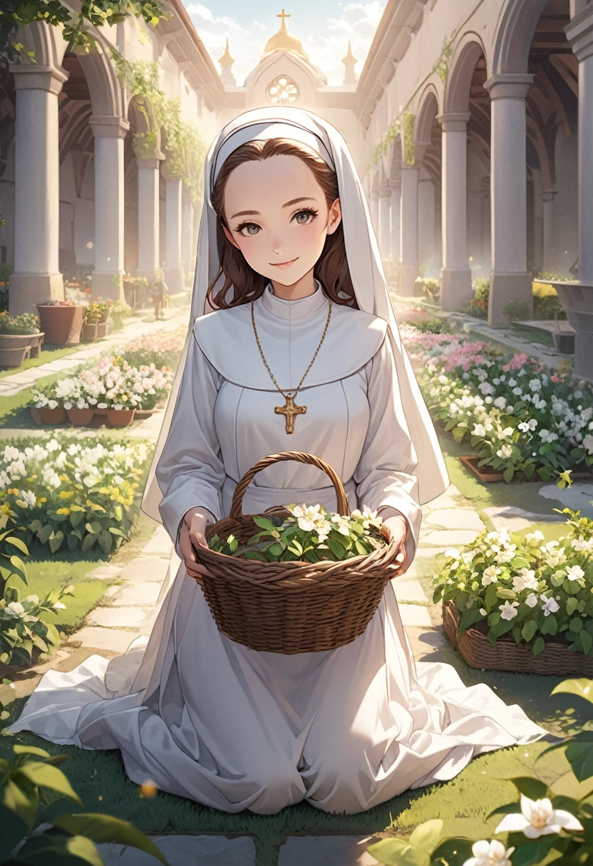 Very detailed,(((((ultra detailed face))))),best quality, 8K, (soft Light), Light, ((soft focus)),((Nuns)), facing the camera,Long brown hair ,almond eye, fluffy hair,((forehead)),((monastery)),((gardening,garden)),((Cultivation)),Flower basket,((full body)),elegant, Comfortable, Clean and detailed anime art, Trending on artstart,((milky pastel theme)), illuminate warmly, big smile,((happiness)),make up,thank you!