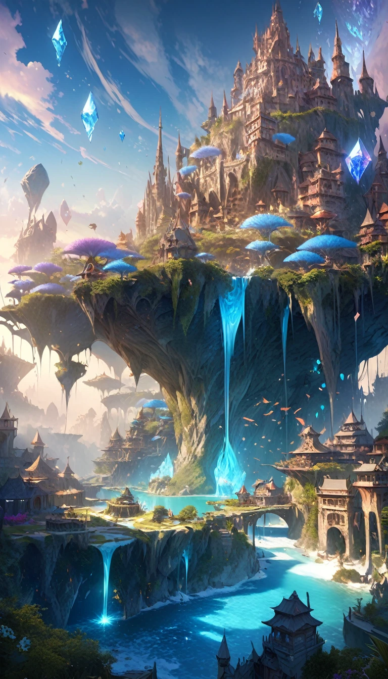 a highly detailed fantasy landscape, a magical kingdom, a surreal and dreamlike world, a twisted and bizarre fantastical realm, intricate and otherworldly architecture, floating islands, glowing crystals, fantastical creatures, a girl with long flowing hair, beautiful detailed eyes, beautiful detailed lips, extremely detailed face and features, porcelain skin, a flowing dress, a mysterious and enchanting expression, (best quality,4k,8k,highres,masterpiece:1.2),ultra-detailed,(realistic,photorealistic,photo-realistic:1.37),fantasy,surreal,dark fantasy,concept art,vibrant colors,dramatic lighting,cinematic composition
