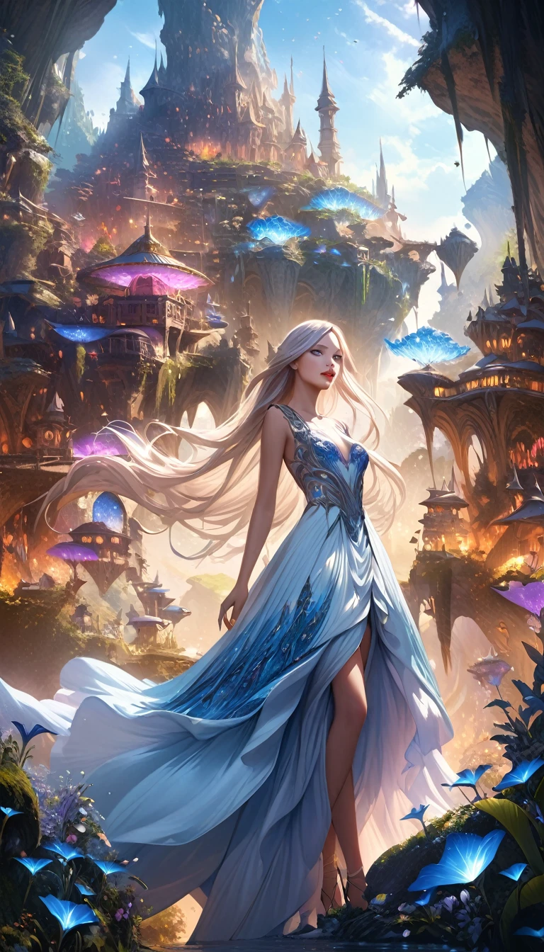 a highly detailed fantasy landscape, a magical kingdom, a surreal and dreamlike world, a twisted and bizarre fantastical realm, intricate and otherworldly architecture, floating islands, glowing crystals, fantastical creatures, a girl with long flowing hair, beautiful detailed eyes, beautiful detailed lips, extremely detailed face and features, porcelain skin, a flowing dress, a mysterious and enchanting expression, (best quality,4k,8k,highres,masterpiece:1.2),ultra-detailed,(realistic,photorealistic,photo-realistic:1.37),fantasy,surreal,dark fantasy,concept art,vibrant colors,dramatic lighting,cinematic composition
