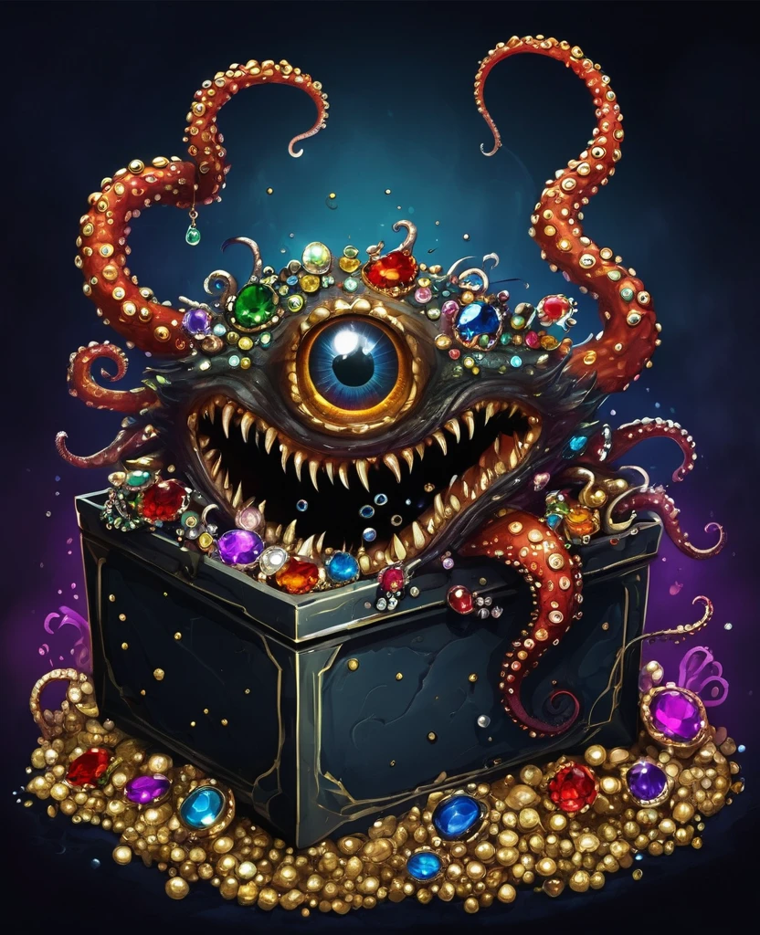 dark，Fear，imitate，Strange open lid box monster full of jewels - one eye - sharp teeth - ugly，Long tentacles，Scattered jewelry,greedy