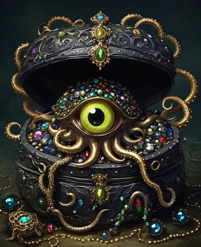 dark,Fear,imitate,Strange open lid box monster full of jewels - one eye - sharp teeth - ugly,Long tentacles,Scattered jewelry,greedy