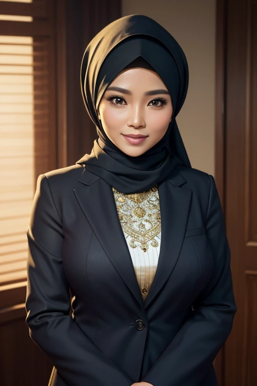 a gorgeous 42 year old busty indonesian woman,formal hijab suit with blazer,beautiful smile,boss,full body portrait,(best quality,4k,8k,highres,masterpiece:1.2),ultra-detailed,(realistic,photorealistic,photo-realistic:1.37),hyper detailed face,extremely detailed eyes and face,detailed makeup,long eyelashes,beautiful detailed lips,elegant pose,confident expression,warm lighting,cinematic angle,office interior background,high quality,intricate details