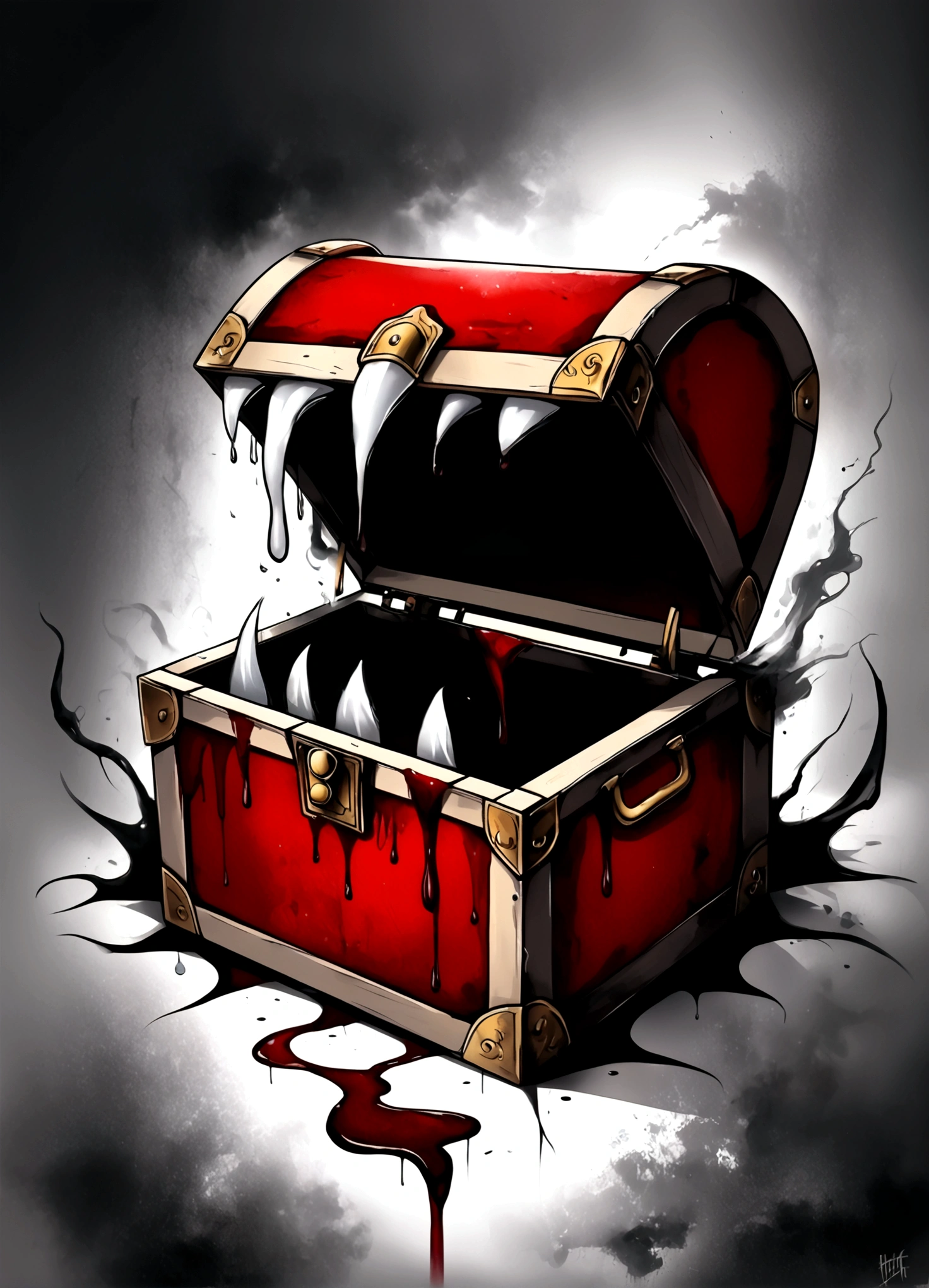 Draw a scene where a mimic chest is placed in a dimly lit place,(((mimic chest)),There are many fangs in the mouth of the box.,(There are blood stains on the surface of the box),Add artistic effects to your background,Place vengeful spirits around you who are twitching with fear.,The vengeful spirits are drawn in white, crying black tears.,White whirlpool heading upwards,black mist,splash blood,decadently,fear,scream,suspicious,decadently,Blur in some places to express artistically