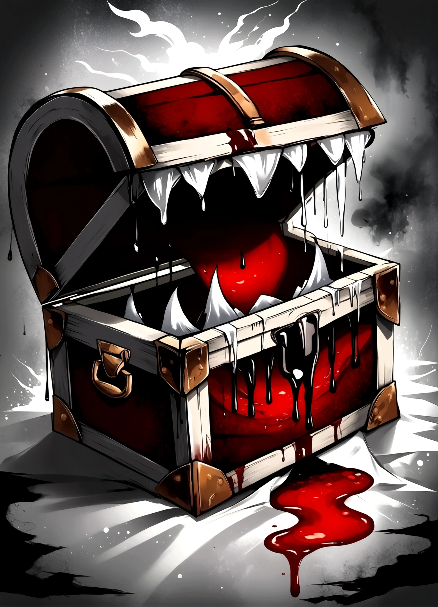 Draw a scene where a mimic chest is placed in a dimly lit place,(((mimic chest)),There are many fangs in the mouth of the box.,(There are blood stains on the surface of the box),Add artistic effects to your background,Place vengeful spirits around you who are twitching with fear.,The vengeful spirits are drawn in white, crying black tears.,White whirlpool heading upwards,black mist,splash blood,decadently,fear,scream,suspicious,decadently,Blur in some places to express artistically