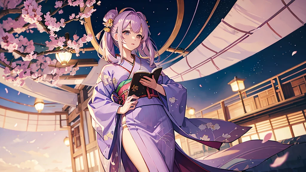 woman clear Light purple hair kimono Anime Style reading literature Study