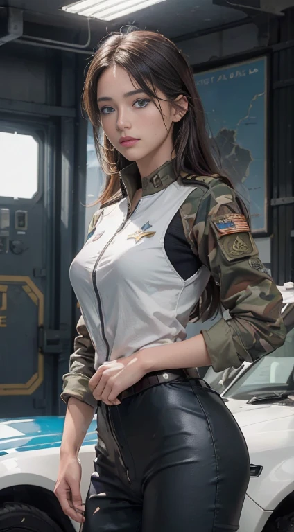 (8K,1080P,textura Realist de la piel,Realist,masterpiece, La Highest quality,High resolution,High resolution:1.5),,Araffes in military uniform standing in front of a Fighter, Pilot Girl, Perfect military composure, かわいいPilot Girl, Latex Pilot Suit, uniform, uniformを着る, Fighter, Aircraft carrier scene, On an aircraft carrier, アメリカair force, air force, military girl, Top Gun Maverick, Fighter, Military pilot clothing, Bae Suzy, Top Gun,Ultra HD, 8K, 1080P.Unreal Engine:1.4,Ultra HD,La Highest quality:1.4, fotorRealist:1.4, Skin Texture:1.4, masterpiece:1.8,First Job, Highest quality,(Beautifully detailed eye depiction),(blue eyes:1.4),(Cinematic:1.4),(白い迷彩uniform:1.4),(Cyberpunk AI1.4)